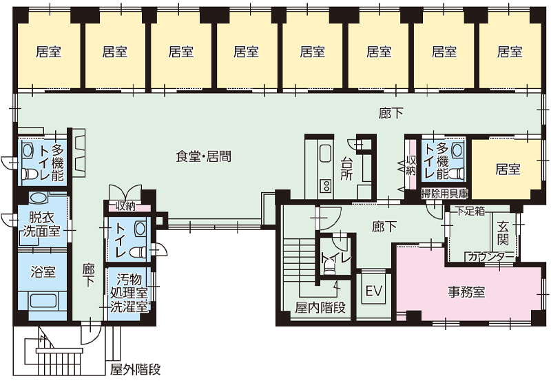名古屋市のグループホーム エクセレント熱田の基準階平面図（1F）