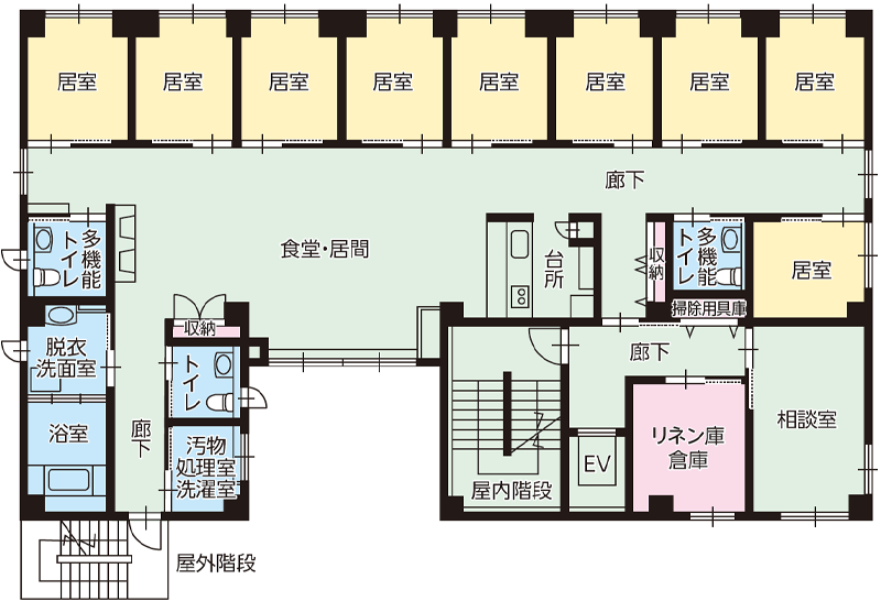 名古屋市のグループホーム エクセレント熱田の基準階平面図（2F）