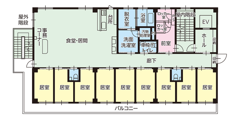 平塚市のグループホーム えくせれんと湘南シーサイドの基準階平面図（3F・4F）