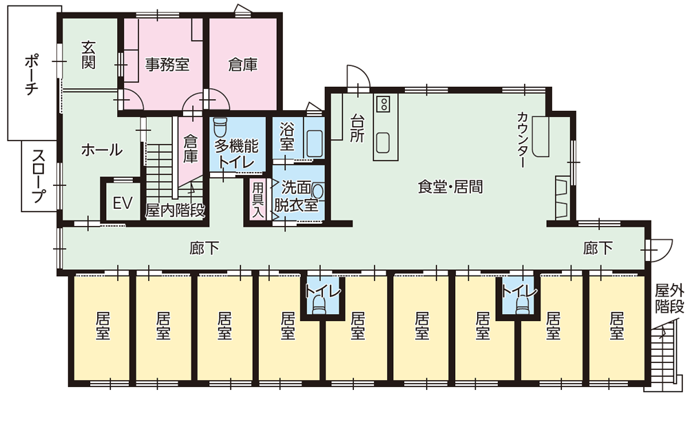 横須賀市のグループホーム エクセレント横須賀の基準階平面図（1F）