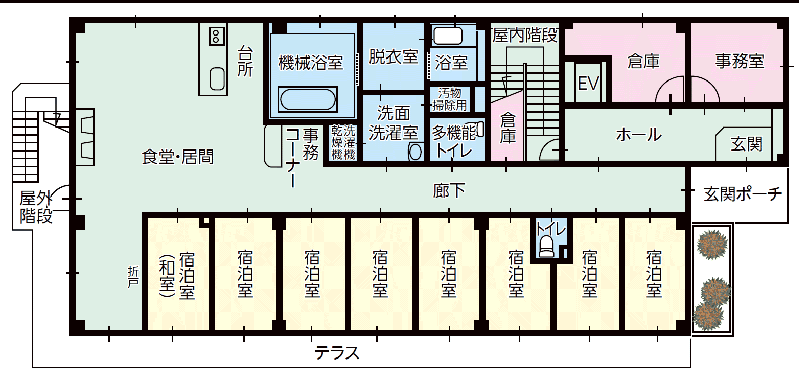 江戸川区の小規模多機能型居宅介護 エクセレント江戸川の平面図（1F）